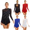 Womens Girls Figure Skating Dance Dresses Glitter Rhinestone Sheer Mesh Patchwork Long Sleeve Leotard Dress