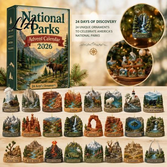 Decorative Christmas Ornament National Parks Advent Calendar 2026, 24 Days Coutdown to Decoration with 2D Acrylic Landscape Hanging Ornaments, Holiday