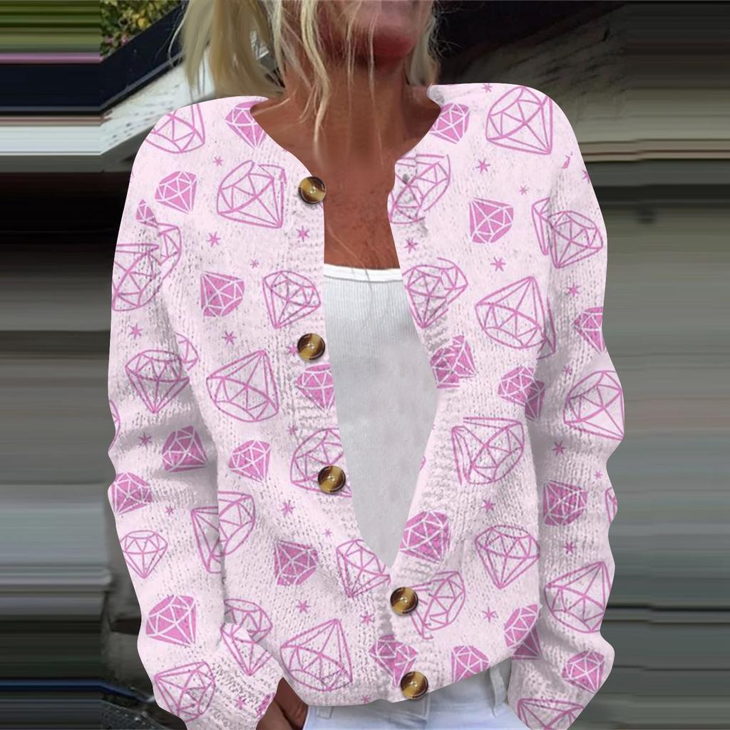 Women's Fashion Printed Valentine's Day Long Sleeved Knitted Cardigan Button Down Jacket