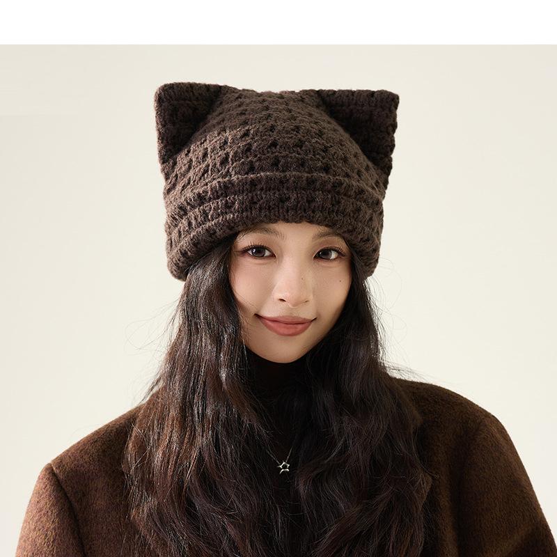 Шерстяная шапка с кошачьими ушками Осень Зима Большая голова Теплая Защита ушей Вязаная шапка