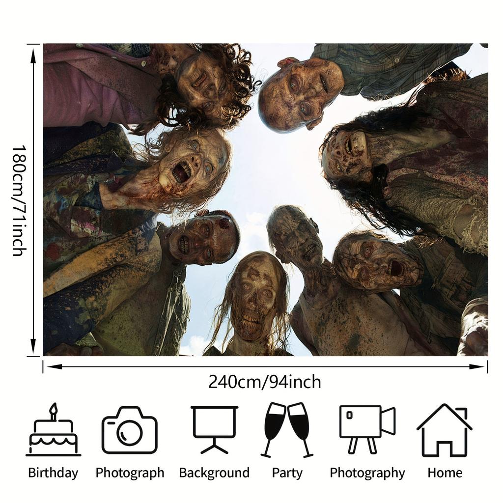 Large realistic zombie-apocalypse background banner - lifelike bloody zombies and terrifying screaming figures