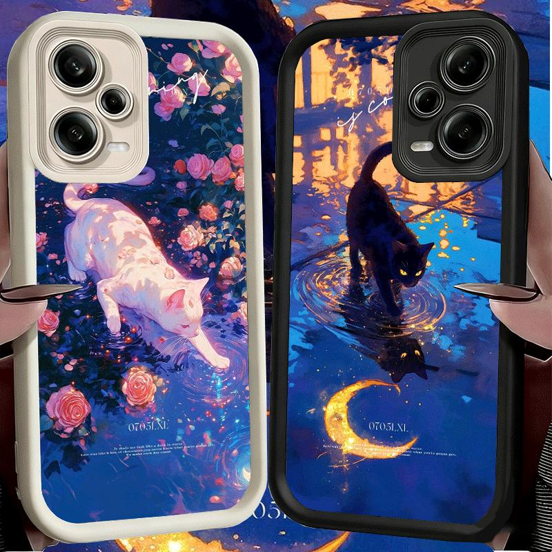 Ночная Луна Кошка Мечтательное Искусство Мягкий Чехол для Телефона для Xiaomi Redmi Note 15 14 13 12 11 Pro Plus 10S 11S 4G 11T 5G Оболочка Силиконовый Funda