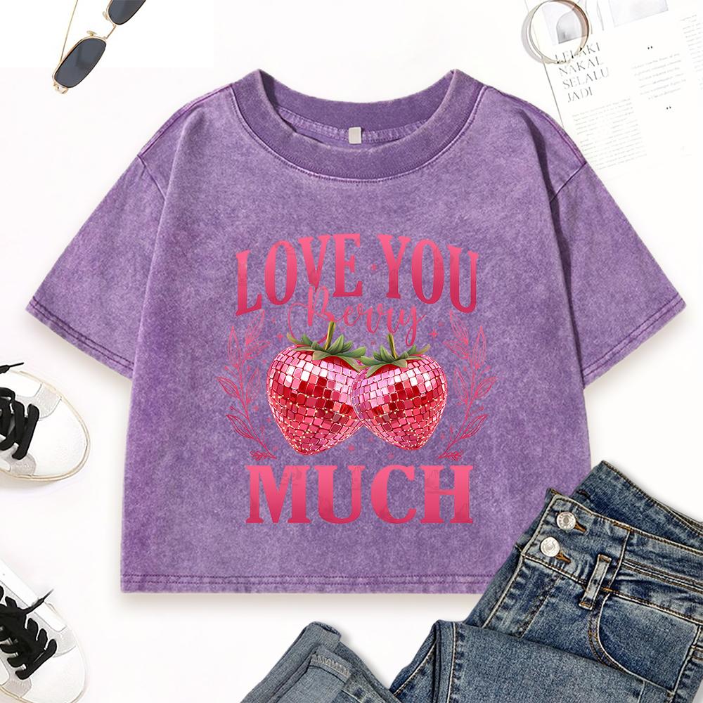 Love You Cherry Much Print Washed Crop T-Shirts Women Street Slim T Shirt Summer Top Crewneck Cotton Short Sleeve
