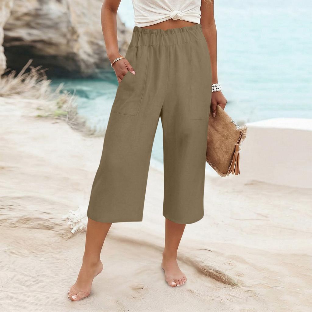 Womens Baggy Cotton Linen Pants Elastic Waist Casual Loose Summer Beach Vacation Pants