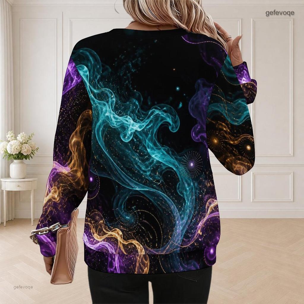 Women Plus Size Round Neck Long Sleeve Ribbed Cuffs Galaxy Nebula Print Sweatshirt