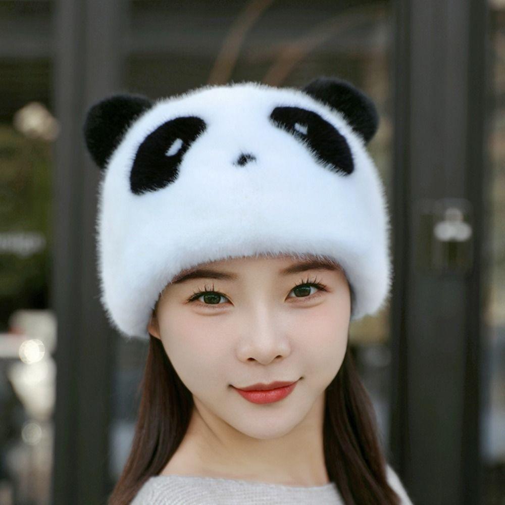 Толстые Плюшевые Мультяшные Шапки Милые Шапки-Бини с Защитой Ушей Женские Шапочки Зимняя Шапка-Панда Лыжная