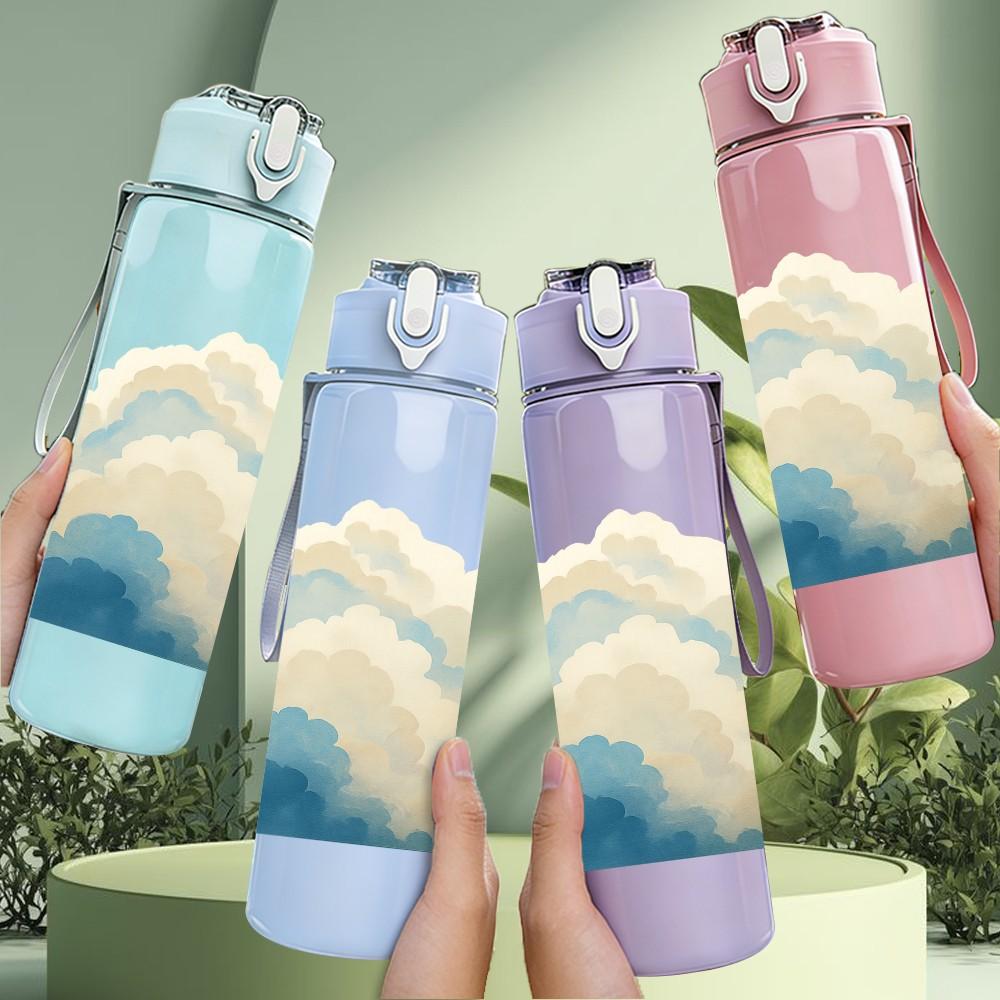 1PC Soft White Cloud Landscape Art 750ml Color Plastic Sports Water Bottle Leakproof Flip Straw Lid For Sports Office Home Use