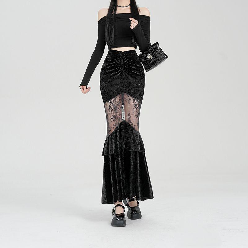 Элегантная черная бархатная юбка-русалка 2025 для женщин