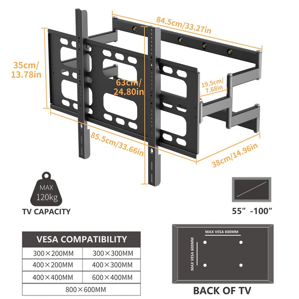 Full Motion TV Wall Mount Bracket for 55-100 Inch LED Flat Screen TVs Monitors, Heavy Duty Dual Articulating Arms up to 120KG