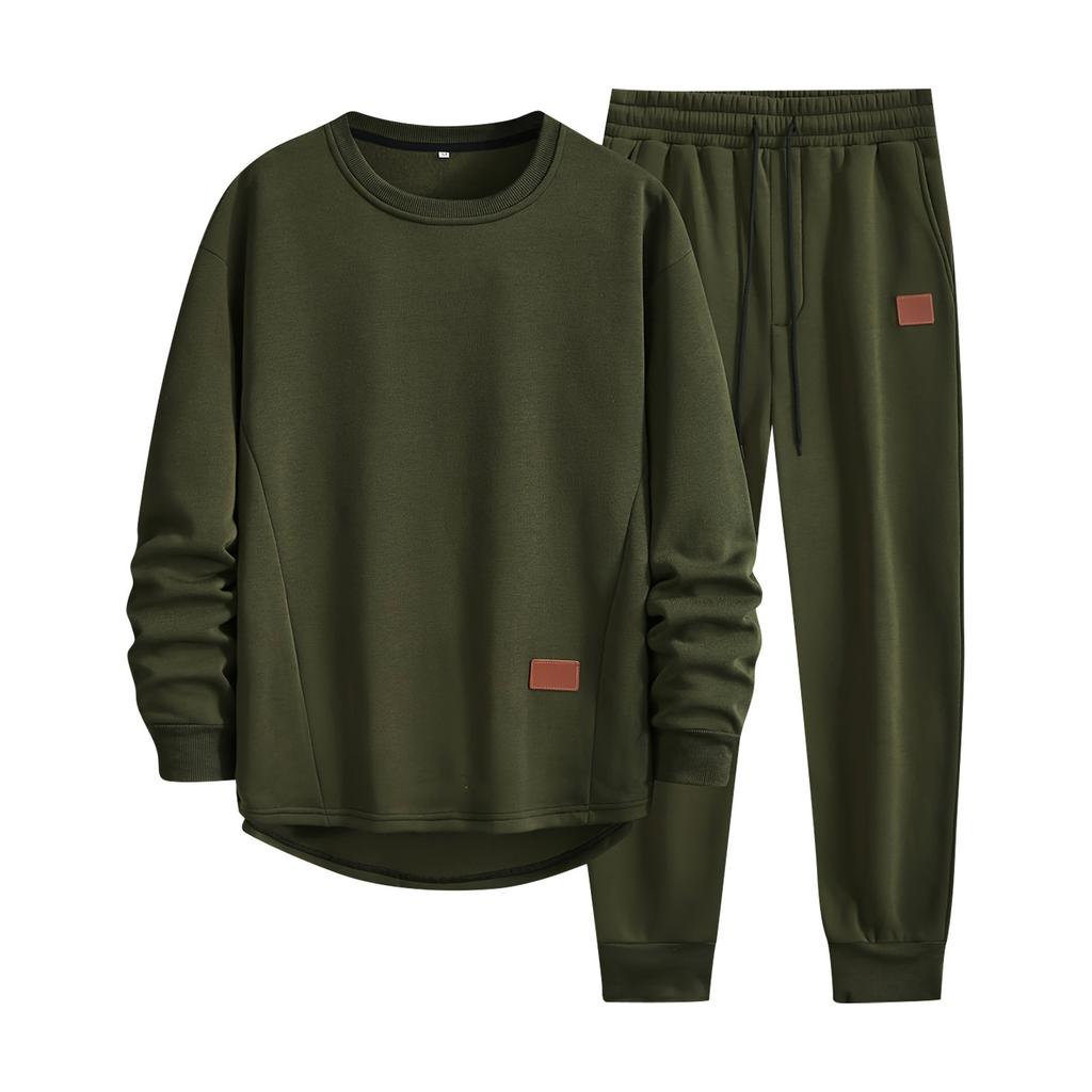 Мужской однотонный костюм с круглым вырезом, повседневный спортивный костюм из двух частей с длинными рукавами и брюками