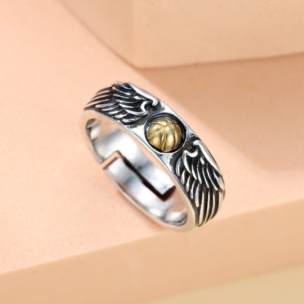 Мужское кольцо в стиле ретро, тайское серебро, двухцветное баскетбольное крыло, крылья, персонализированное модное мужское и женское изношенное маленькое открытое кольцо
