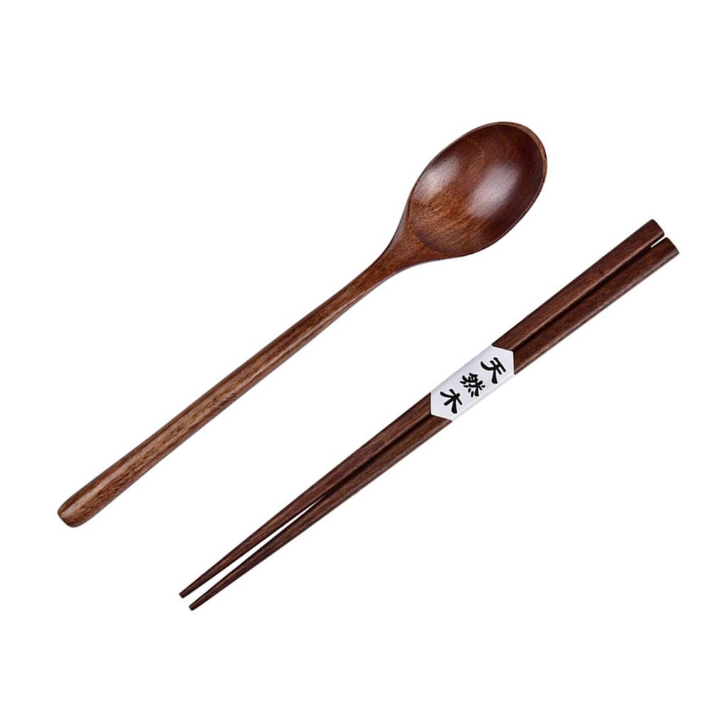 Легкий Портативный Деревянный Набор Столовых Приборов Палочки для Еды и Ложка Посуда с Текстурой Дерева для Путешествий Кемпинга Домашней Трапезы