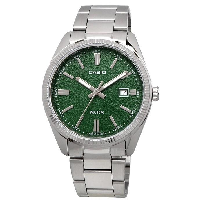 Casio MTP-1302DA-3AV Men's Analog Quartz Watch, Silver Metal Band, Green Textured Dial