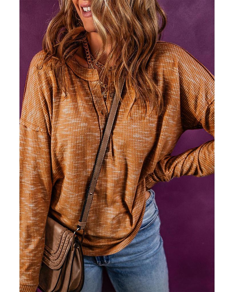 Azura Exchange Mustard Rib Knit Drop Shoulder Long Sleeve Henley Top