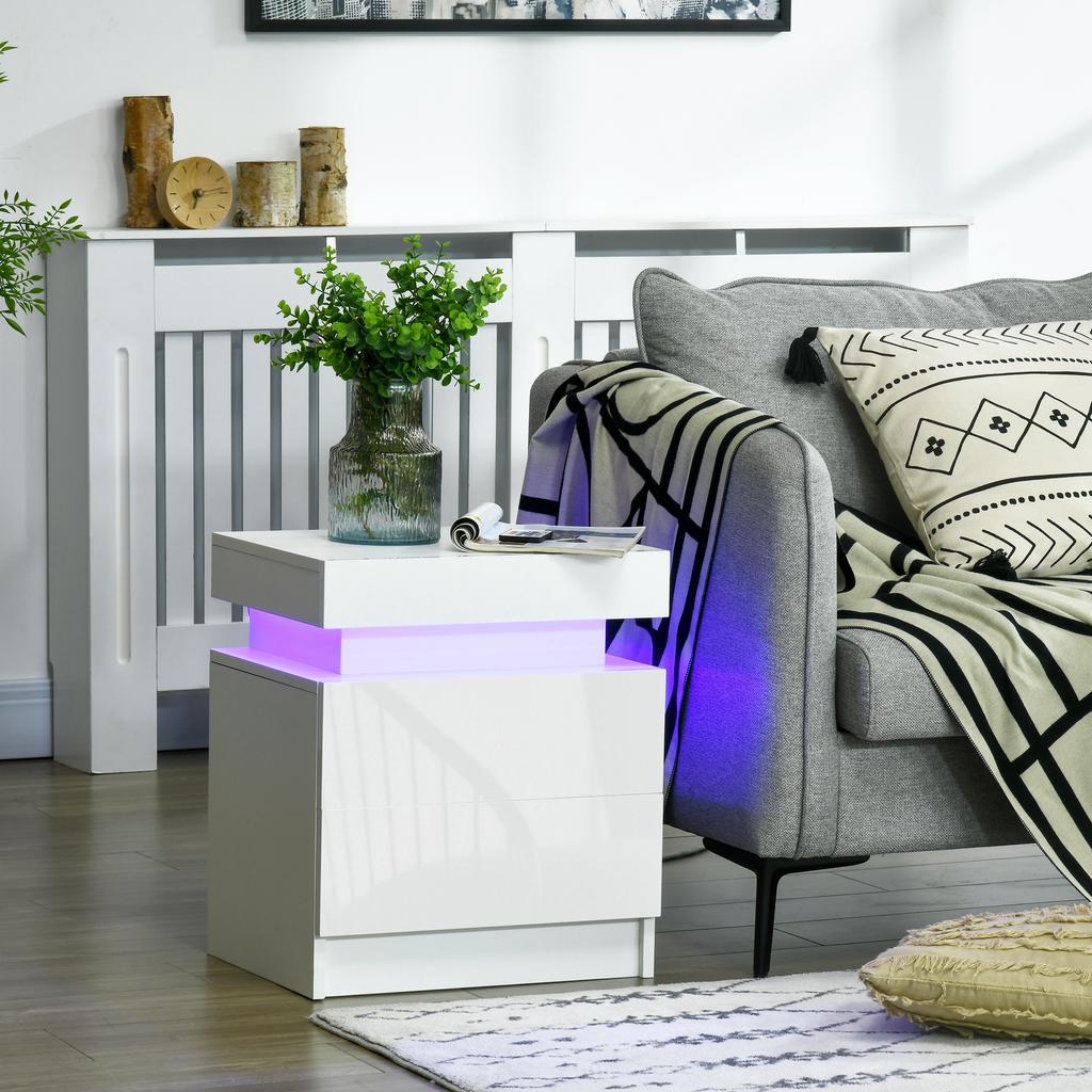 Bedside Table Nightstand RGB LED Light High-Gloss Panel with 2 Drawers for Living Room Bedroom White