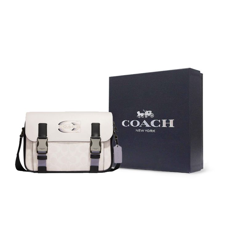 Coach Track 27 Classic Monogram Logo Letter Buckle Closure Leather Messenger Bag Unisex Shoulder Bag White CJ668-QBCAH