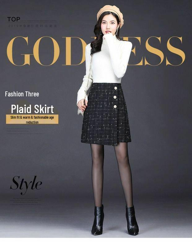 2025 Юбка А-силуэта из твида в клетку с высокой талией в корейском стиле для женщин - Осенне-зимняя короткая приталенная юбка