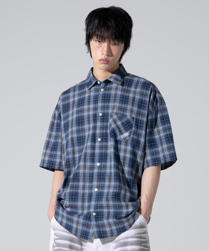 XTONZ Xts039 One Pocket Check Half Shirt (Blue)
