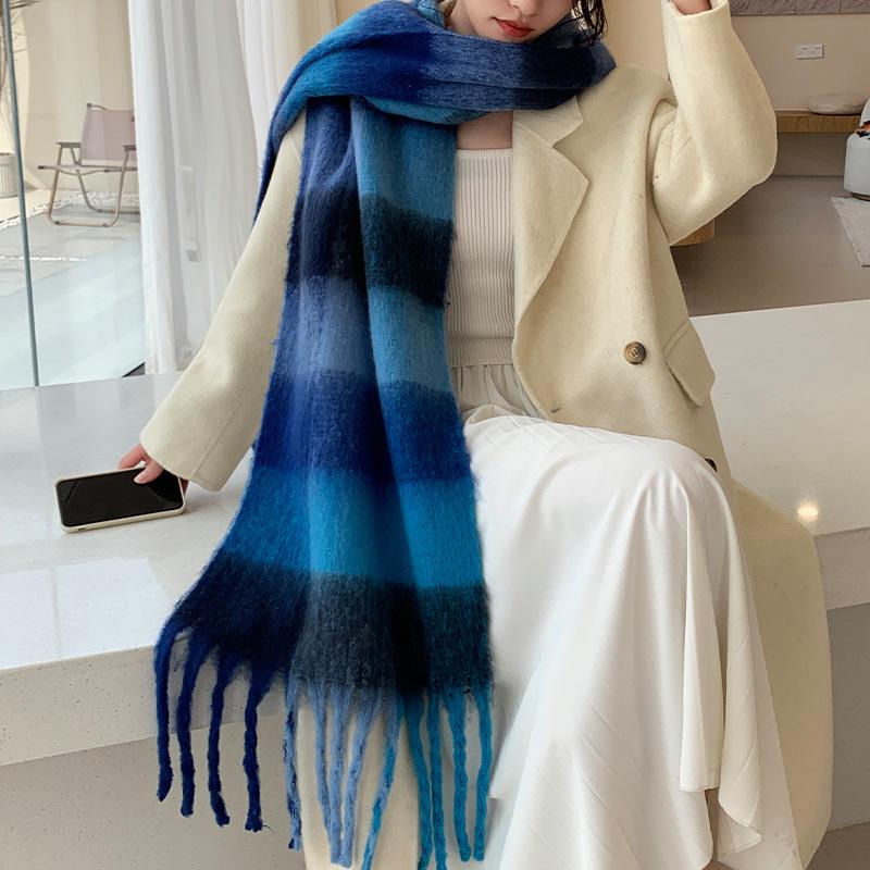 Winter New Scarf Women's Winter Thickened Warm Scarf Colored Plaid Fringed Scarf Shawl Fashionable Outer Cover