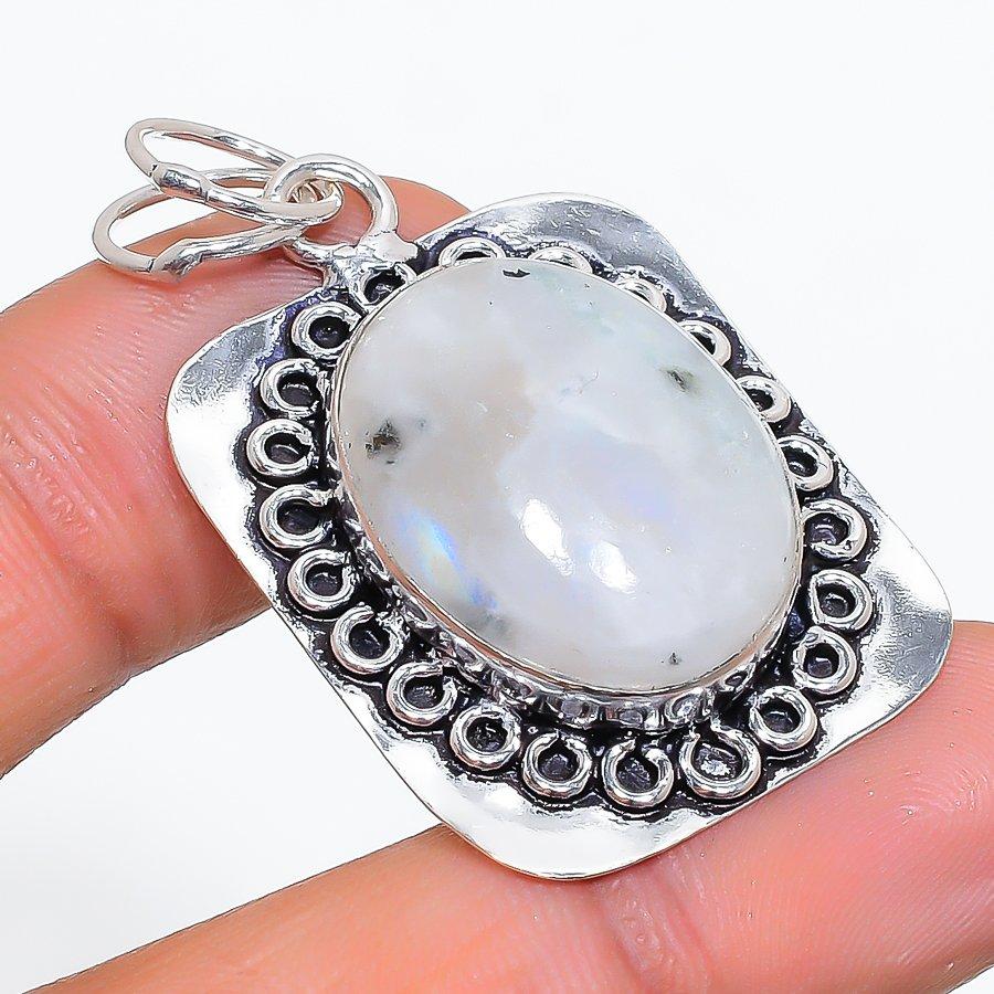Natural Rainbow Moonstone Handmade 925 Sterling Silver Pendant 1.77" y1Q38