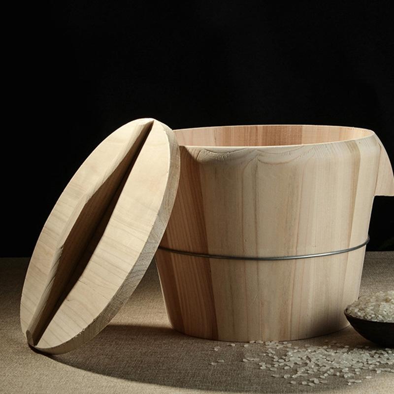 Practical-Kitchen Tool Portable Natural Wooden Steaming Rice Bucket With Lid Steamed Rice Barrel Canteen Restaurant Steamer