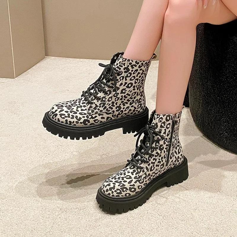 Fashion European American Leopard Print Short Boots 2024 Autumn Winter British Style Thick Soled Short Tube Motorcycle Boots for Women