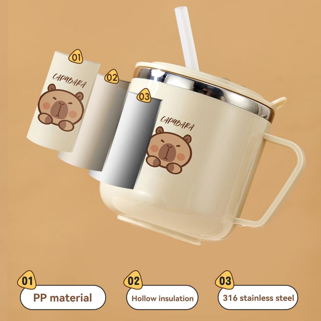 316 Stainless Steel Thermos Mug For Kids Capybara Portable Leak-proof Double Wall Insulated Milk Coffee Cup With Straw&Handle
