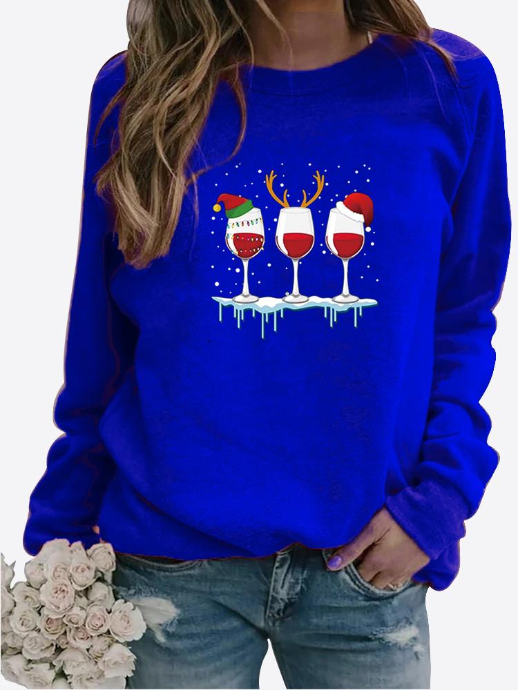Women Autumn and Winter Clothing Christmas Deer Printed Casual Sweatshirt Long Sleeve Tops T-shirt Ladies Round Neck Pullover Blouse