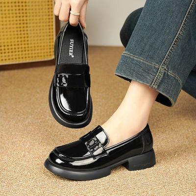 Женские лоферы из натуральной кожи: 2025 Весна/Осень Британский Стиль Лакированная Кожа Слипоны на Мягкой Подошве