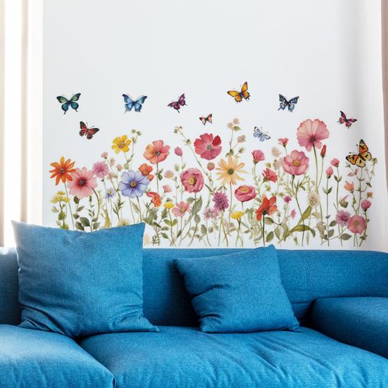 2 Sheets Living Room Wall Stickers Flower Butterflies Pattern Colorful Decals Self-adhesive Wall Art Murals Living Room Bedroom Decor