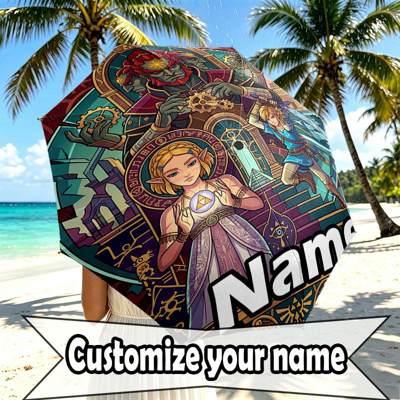 Custom Name Personalized The Legend Of Zelda Print Umbrella, Auto Open Close, 8‑Rib Sturdy Frame, Commute Camping Hiking Use, Birthday Gift