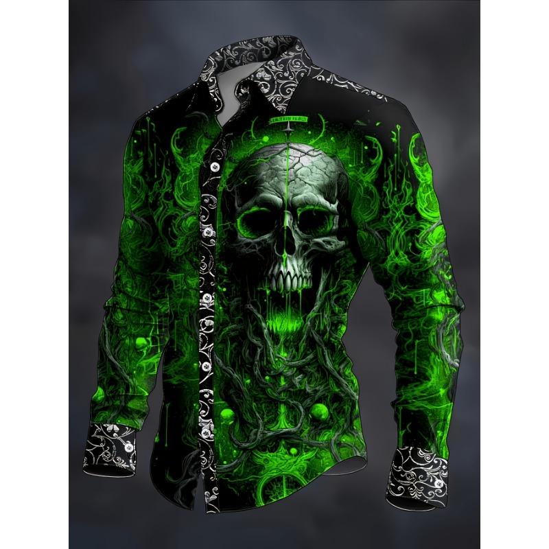 Men's Dark Gothic Style Long-Sleeve Shirt with Skull and Vintage Scrollwork Decorative Pattern, Suitable for Rock Concerts
