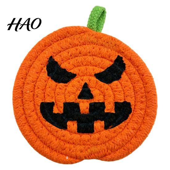 Pumpkin Shaped Kitchen Mats Halloween Cotton Rope Coaster, Handwoven Placemat with Funny Face, Iron Woven Table Protectors Craft Mat for Mug