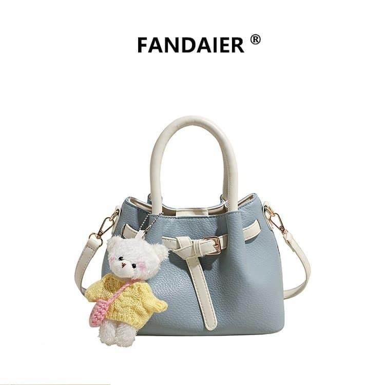 Color matching handbag with bear pendant messenger bag