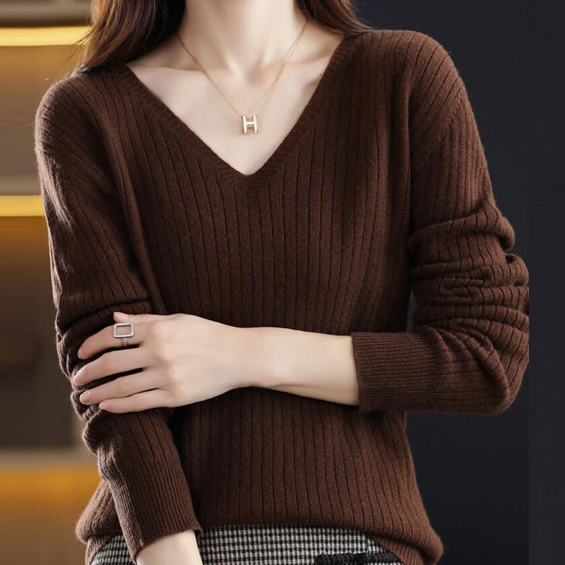 Slim Fit Женские пуловеры свитера топы осень и зима новый V-образный вырез вязаный свитер длинный рукав однотонный трикотаж одежда 28502
