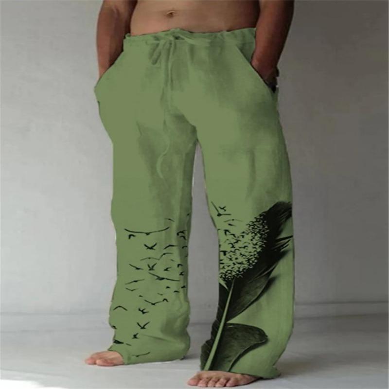 Men's New Cotton and Linen Printed Drawstring Elastic Trousers Casual Pants