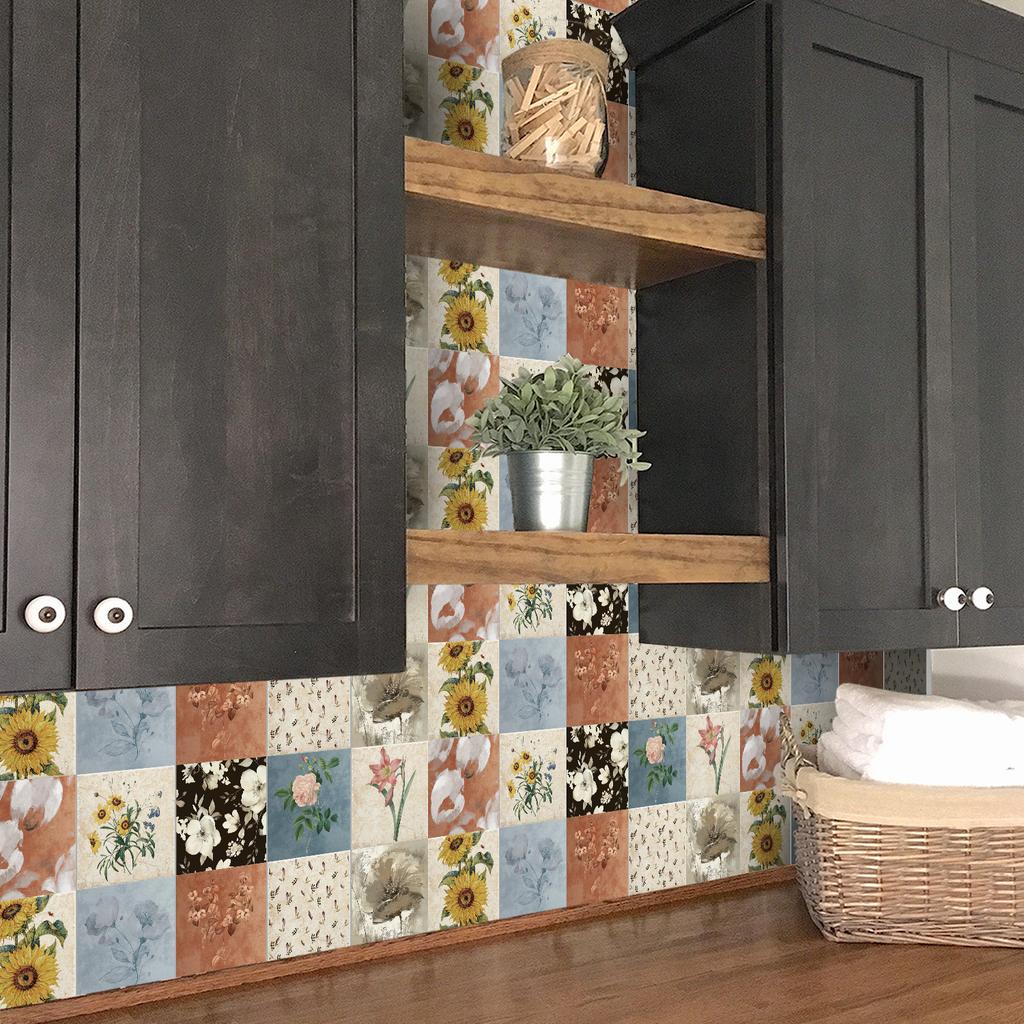 15Cm Art Tile Wall Sticker Self-Adhesive Creative Mandala Style Tile Sticker Glue-Free Waterproof 24 Pieces