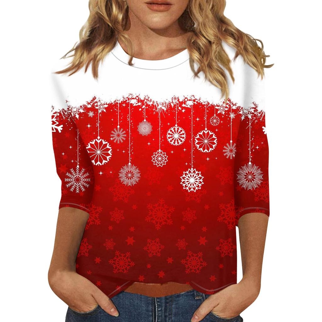 Women's Fashion Casual Seven Sleeve Christmas Printed Round Neck Top