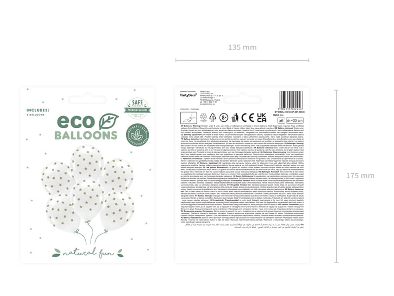 PartyDeco Eco Balloons 33 WHITE with GOLDEN STARS 6 pcs