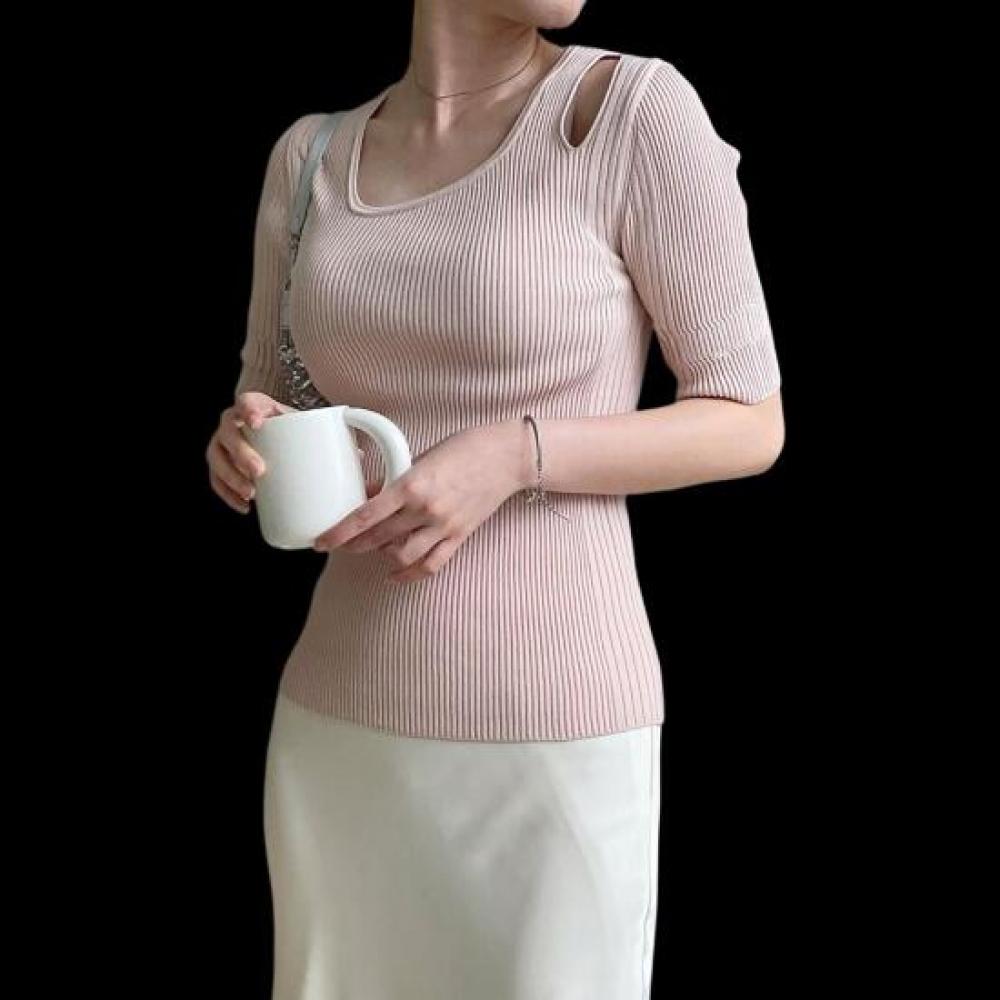 New Arrivals Open Run Women Unbalanced Round Shoulder Cutout Pink Knit