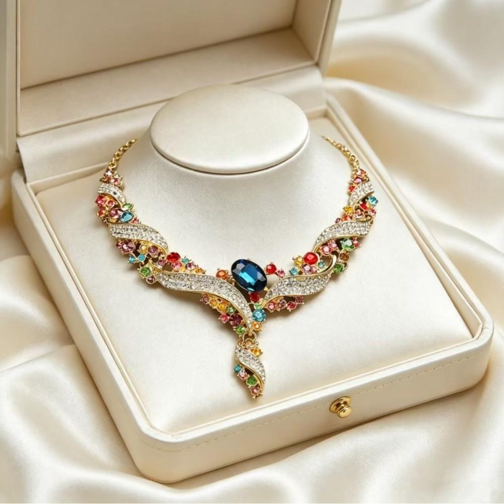Colorful Rhinestone Necklace Earring Set Clavicle Chain Earring Set Dress Accessories