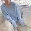 New Mohair Gentle Jumper Sweater Woman Japanese Blue V-neck Pullover Loose Lazy Autumn Winter Outer Wear Thickened Sweater Tops