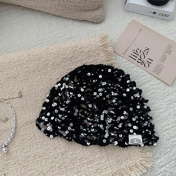 Adult Hair Cap Hollow Bag Head Hat Solid Color Knitted Mesh Hat Fashion Sequin Concave Fishing Net Headscarf Hat