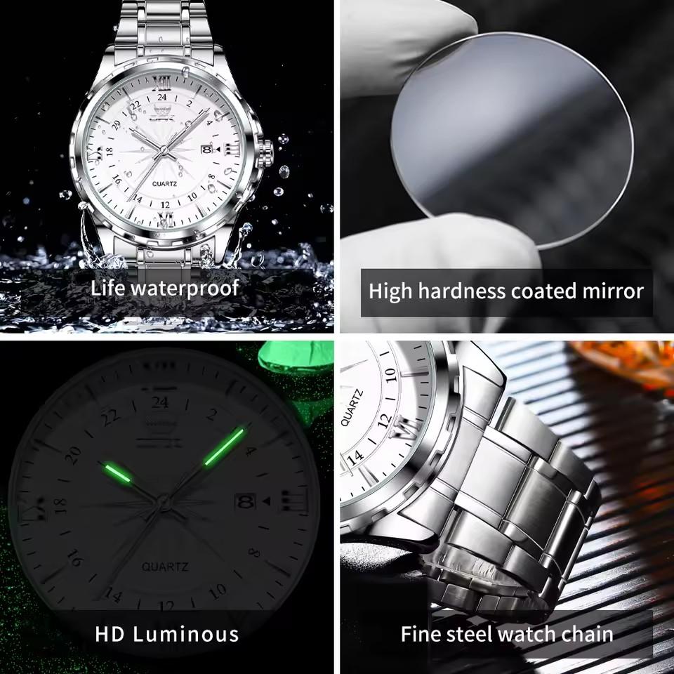 OPK Men's Simple Quartz Watch 40mm Stainless Steel Case 9mm Steel Band Calendar Waterproof Luminous Features-Model 6003