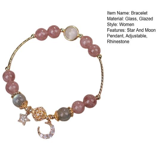 Женский браслет гладкий бисер полированный кулон звезда луна стразы регулируемый шопинг работа