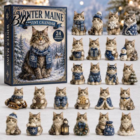 24 Day Christmas Countdown Cat Advent Calendar, with Cute Ornaments, Calendar 2D Acrylic Kitty Holiday Decorations, Gift for Kids, Party Favors Gifts