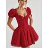 Ballet Hymn Babyboo French style Sweet Red Square Collar Lace Waist Hugging Slimming Puff sleeve Dress