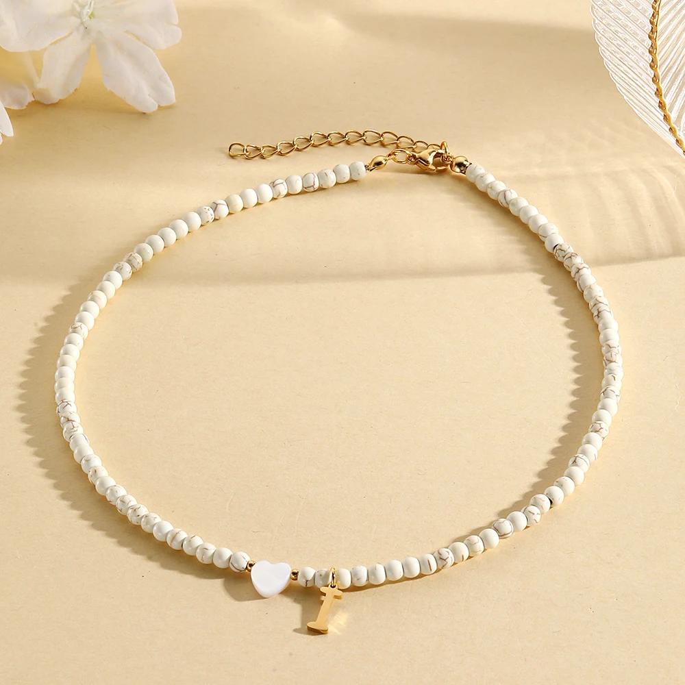 Bohemian Choker Neck Initial Necklaces Heart-shaped Shell Letter Pendant Beads Women's Stainless Steel Necklace Woman Trend2025