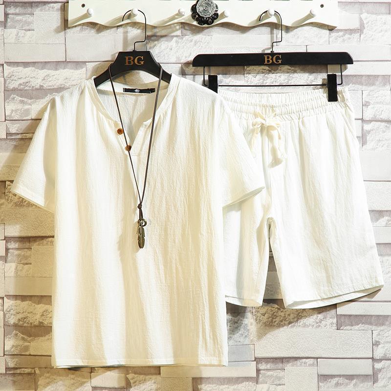 Мужская одежда, большой размер, спортивный костюм, льняная короткая футболка, летний костюм, одежда больших размеров, спортивный костюм, комплект для мужа из хлопка