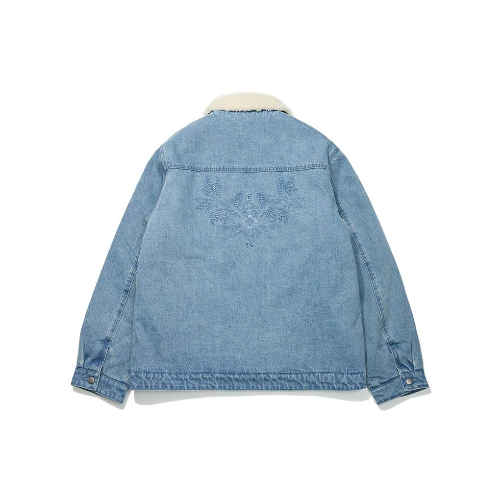 Lining Solid Color Brand Logo Zip-Up Fleece-Lined Denim Jacket Men Outerwear Blue AJDT003-6